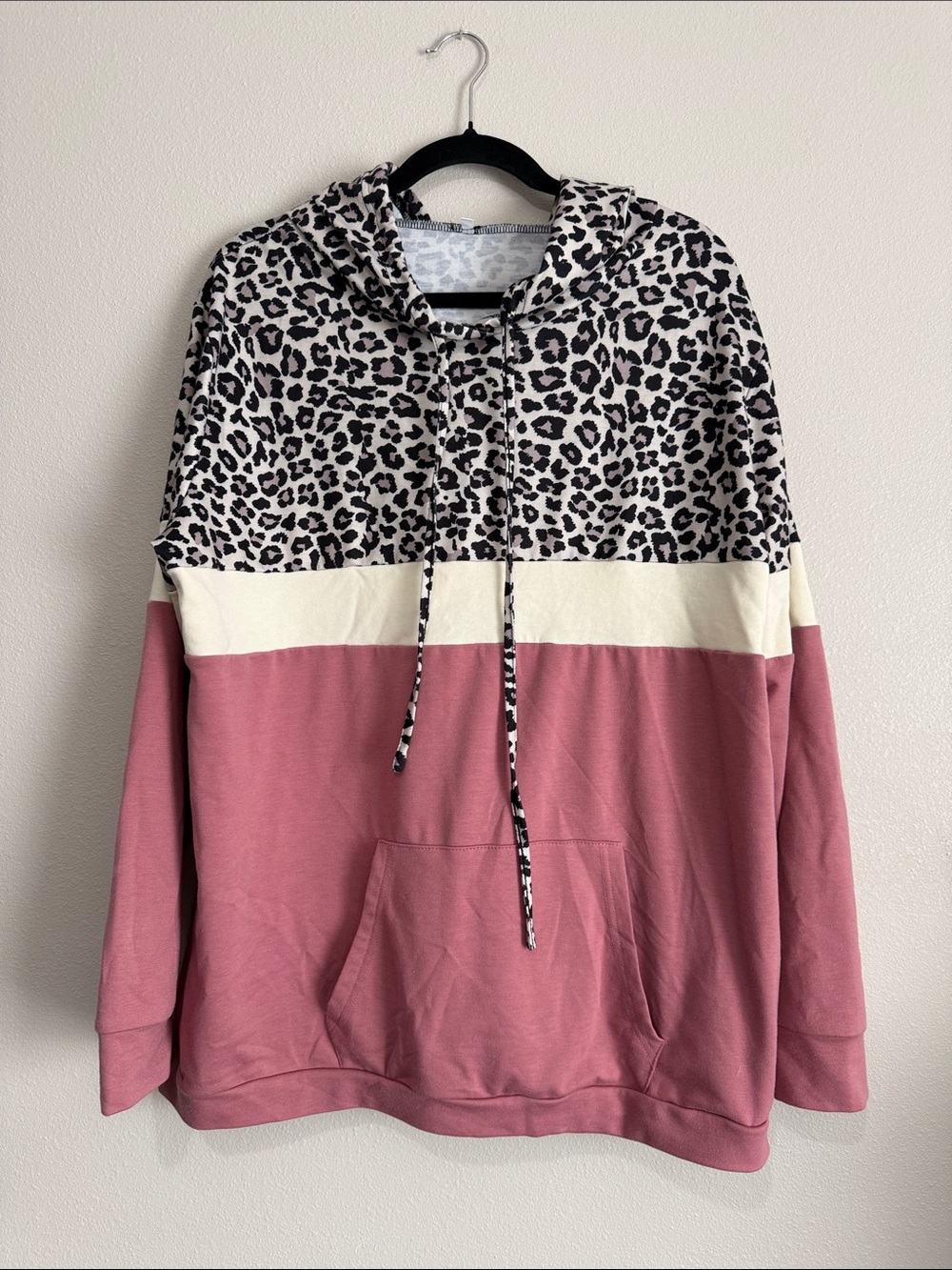 Leopard Print Colorblock Hoodie Sweater - Mauve Pink